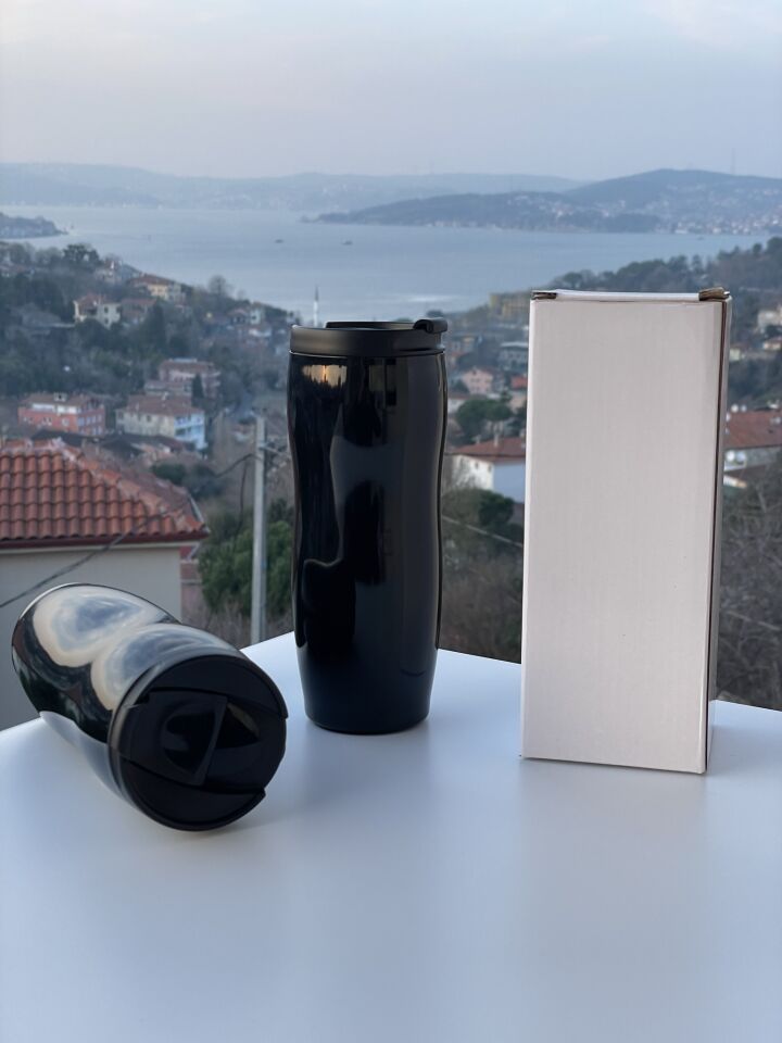 Paslanmaz Çelik Çift Katman Sızdırmaz Vakumlu 450ml Küçük Termos Bardak Kahve Termosu Parlak Siyah