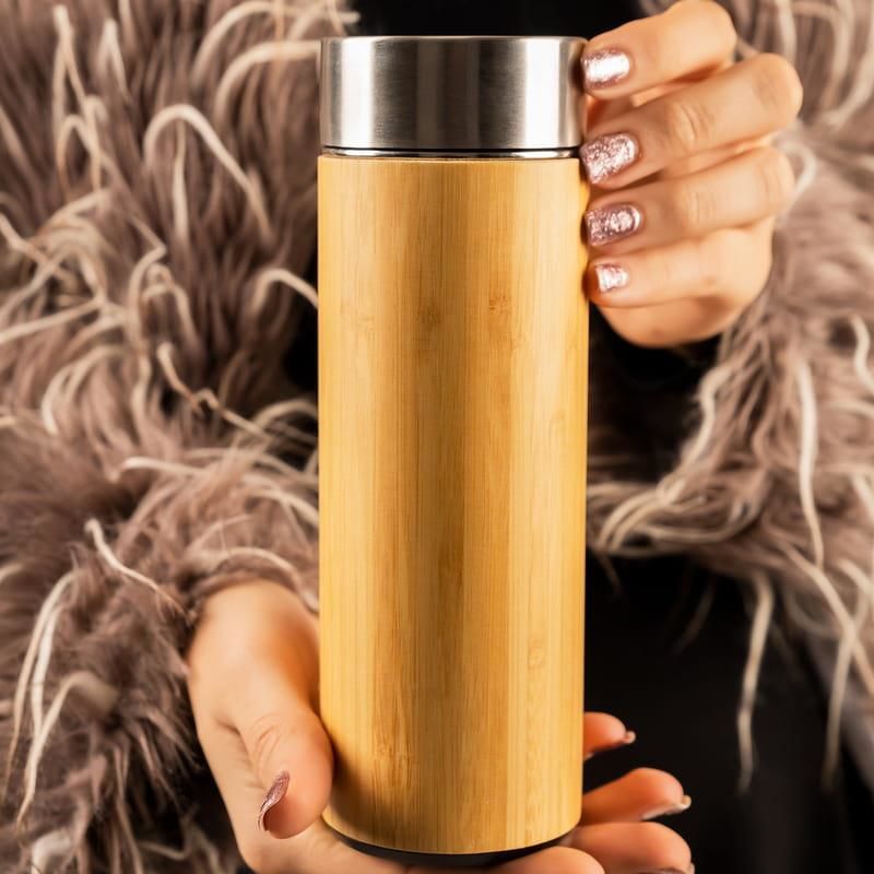 Paslanmaz Çelik Çift Katman Filtreli 450ml Ahşap Bambu Küçük Termos Bardak Mug Matara