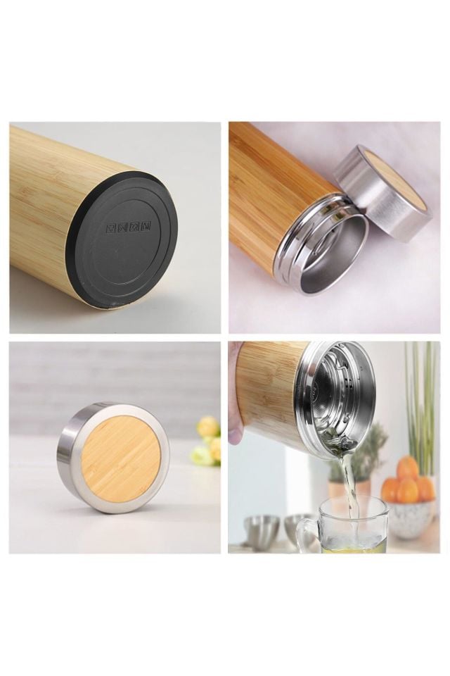 Paslanmaz Çelik Çift Katman Filtreli 450ml Ahşap Bambu Küçük Termos Bardak Mug Matara