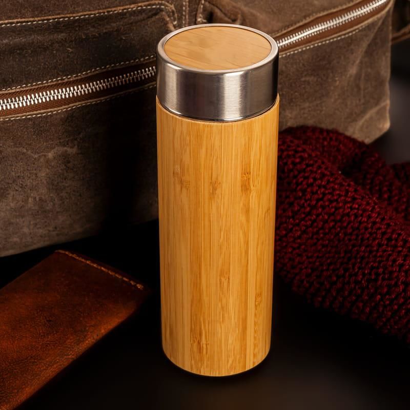 Paslanmaz Çelik Çift Katman Filtreli 450ml Ahşap Bambu Küçük Termos Bardak Mug Matara