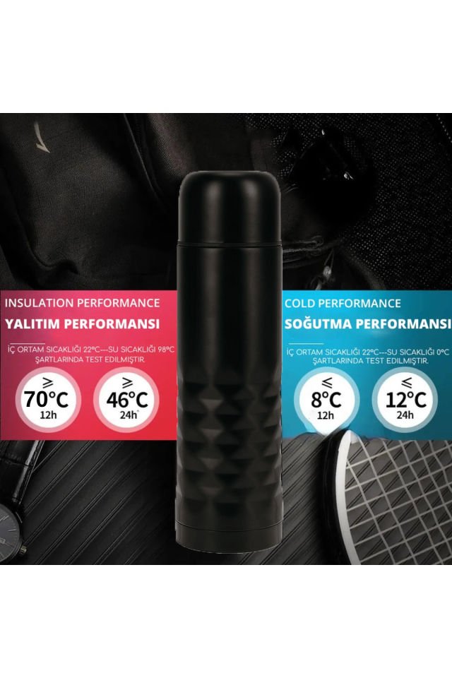 Paslanmaz Çelik Deri Kılıflı Bardaklı 500 ML Gri Küçük Termos Bardak Çay Kahve Mama Termosu Mat Siyah