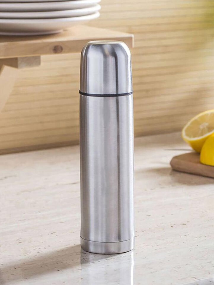 Paslanmaz Çelik Deri Kılıflı Bardaklı 750 ML Gri Küçük Termos Bardak Çay Kahve Mama Termosu