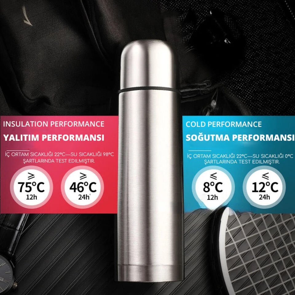 Paslanmaz Çelik Deri Kılıflı Bardaklı 750 ML Gri Küçük Termos Bardak Çay Kahve Mama Termosu