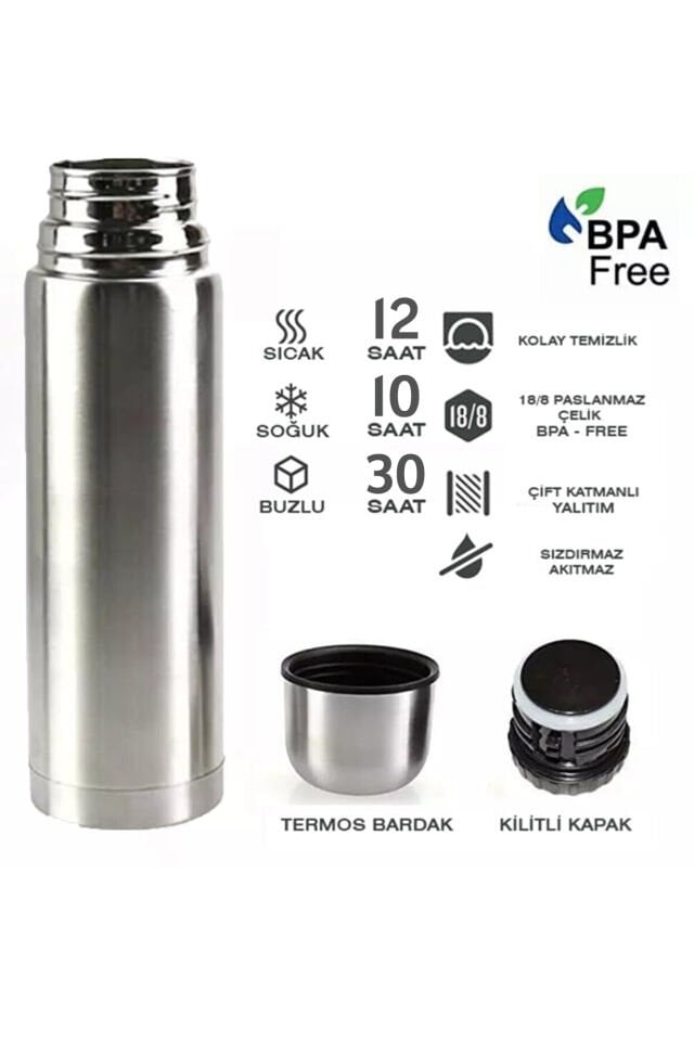 Paslanmaz Çelik Deri Kılıflı Bardaklı 750 ML Gri Küçük Termos Bardak Çay Kahve Mama Termosu