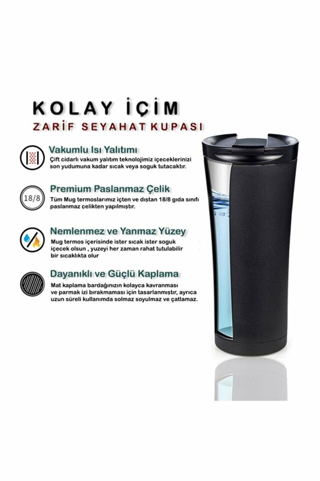Paslanmaz Çelik Ergonomik Çift Katman Sızdırmaz 500ml Siyah Vakumlu 304 Termos Bardak