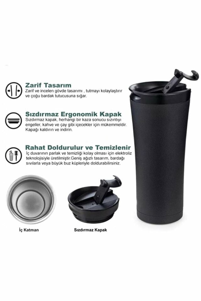 Paslanmaz Çelik Ergonomik Çift Katman Sızdırmaz 500ml Siyah Vakumlu 304 Termos Bardak