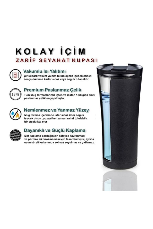 Paslanmaz Çelik Ergonomik Çift Katman Sızdırmaz 500ml Siyah Vakumlu 304 Termos Bardak Siyah
