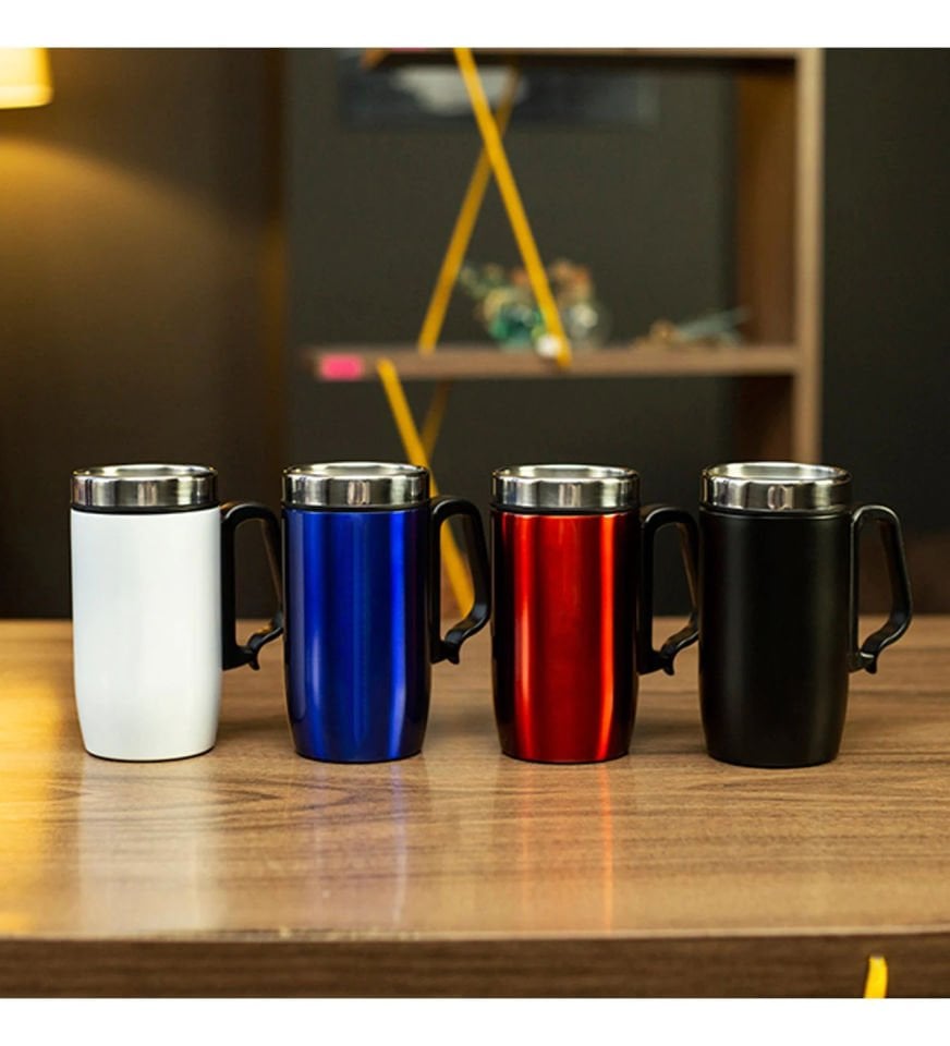 Çift Katmanlı Kauçuk Taban 250ml Kulplu Paslanmaz Çelik Küçük Termos Bardak Kupa Mug Çay Kahve