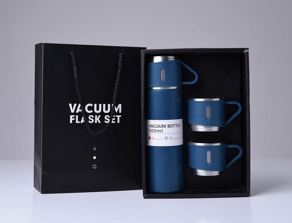 Paslanmaz Çelik Sızdırmaz Vakumlu Hediye Paketli 450ml 3 Bardaklı Termos Seti Çay Kahve Termosu Mavi