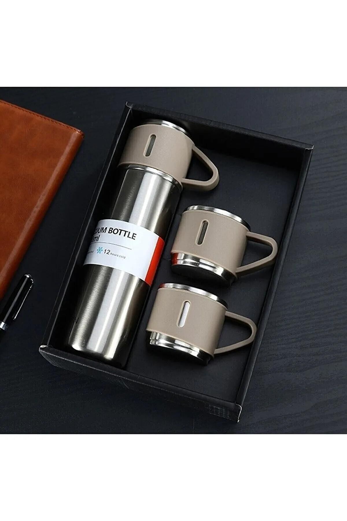 Paslanmaz Çelik Sızdırmaz Vakumlu Hediye Paketli 450ml 3 Bardaklı Termos Seti Çay Kahve Termosu Gümüş