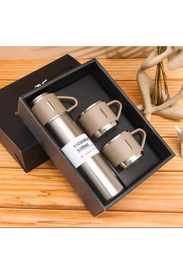 Paslanmaz Çelik Sızdırmaz Vakumlu Hediye Paketli 450ml 3 Bardaklı Termos Seti Çay Kahve Termosu Gümüş