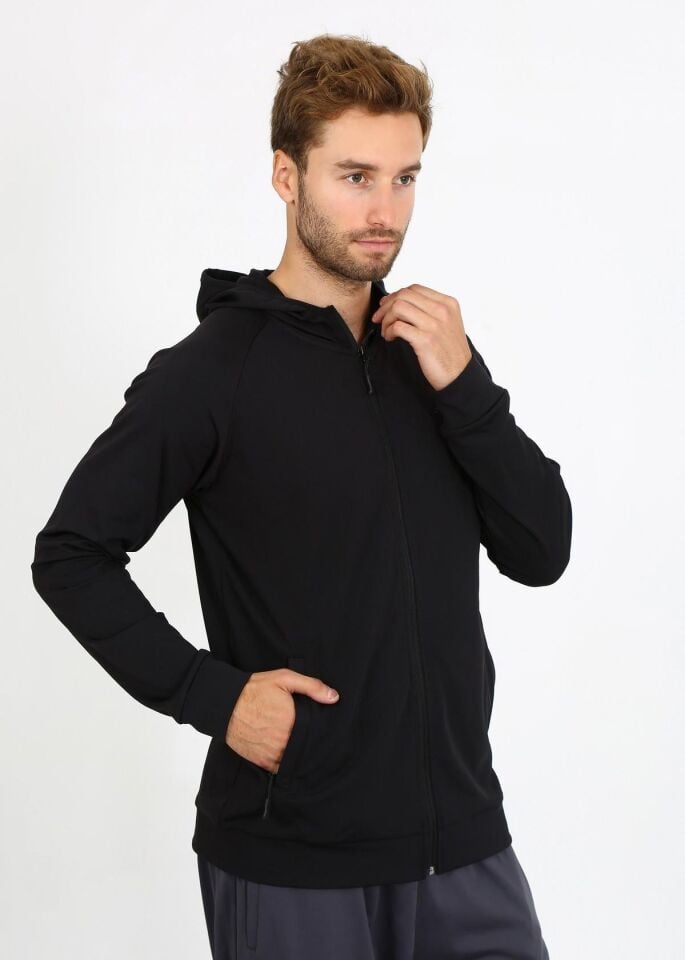 Siyah Erkek Spor Kapüşonlu Ceket NBTMDJ004