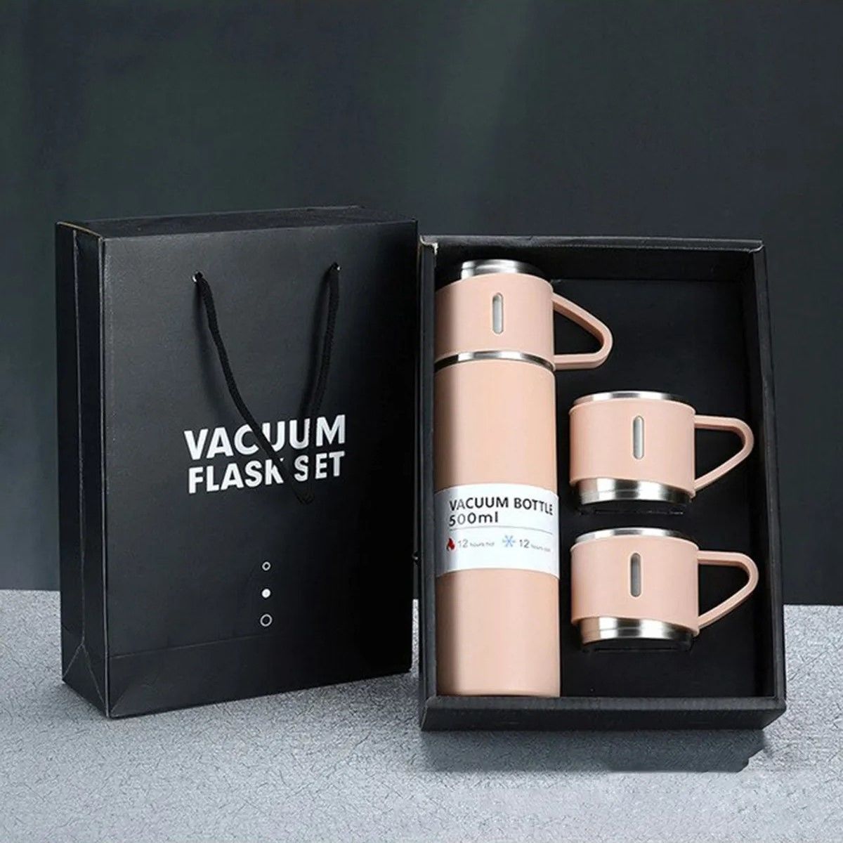 Paslanmaz Çelik Sızdırmaz Vakumlu Hediye Paketli 450ml 3 Bardaklı Termos Seti Çay Kahve Termosu Pembe