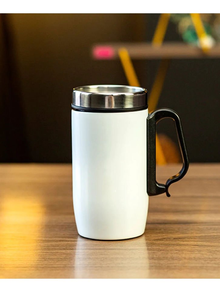 Çift Katmanlı Kauçuk Taban 250ml Kulplu Paslanmaz Çelik Küçük Termos Bardak Kupa Mug Çay Kahve Beyaz