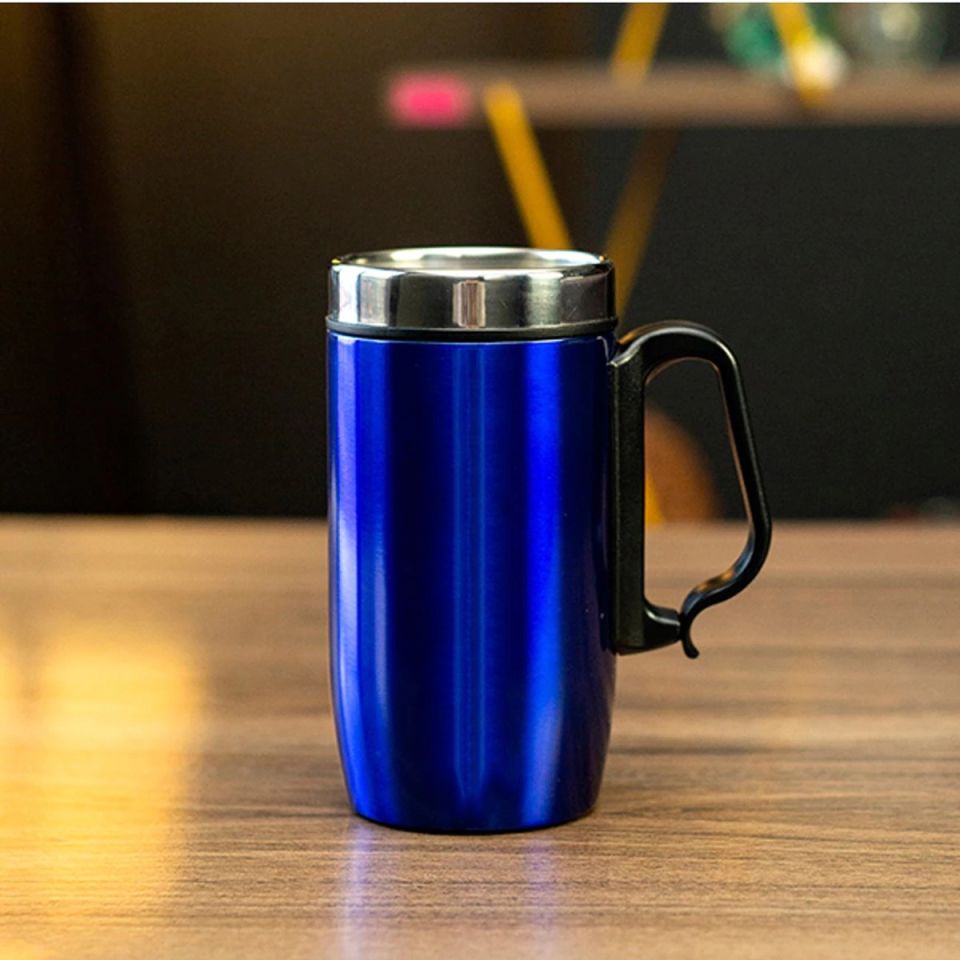 Çift Katmanlı Kauçuk Taban 250ml Kulplu Paslanmaz Çelik Küçük Termos Bardak Kupa Mug Çay Kahve Mavi