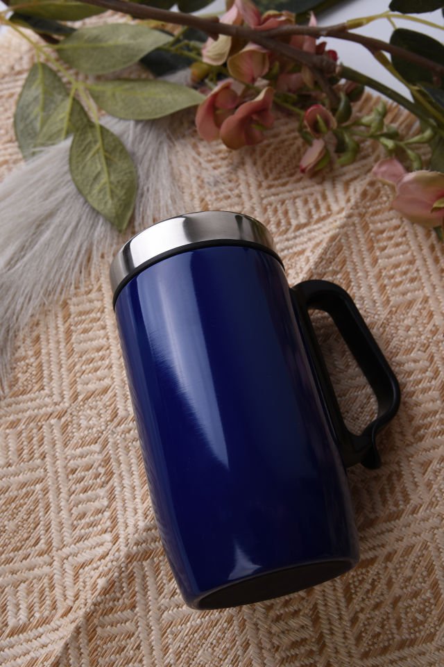 Çift Katmanlı Kauçuk Taban 250ml Kulplu Paslanmaz Çelik Küçük Termos Bardak Kupa Mug Çay Kahve Mavi