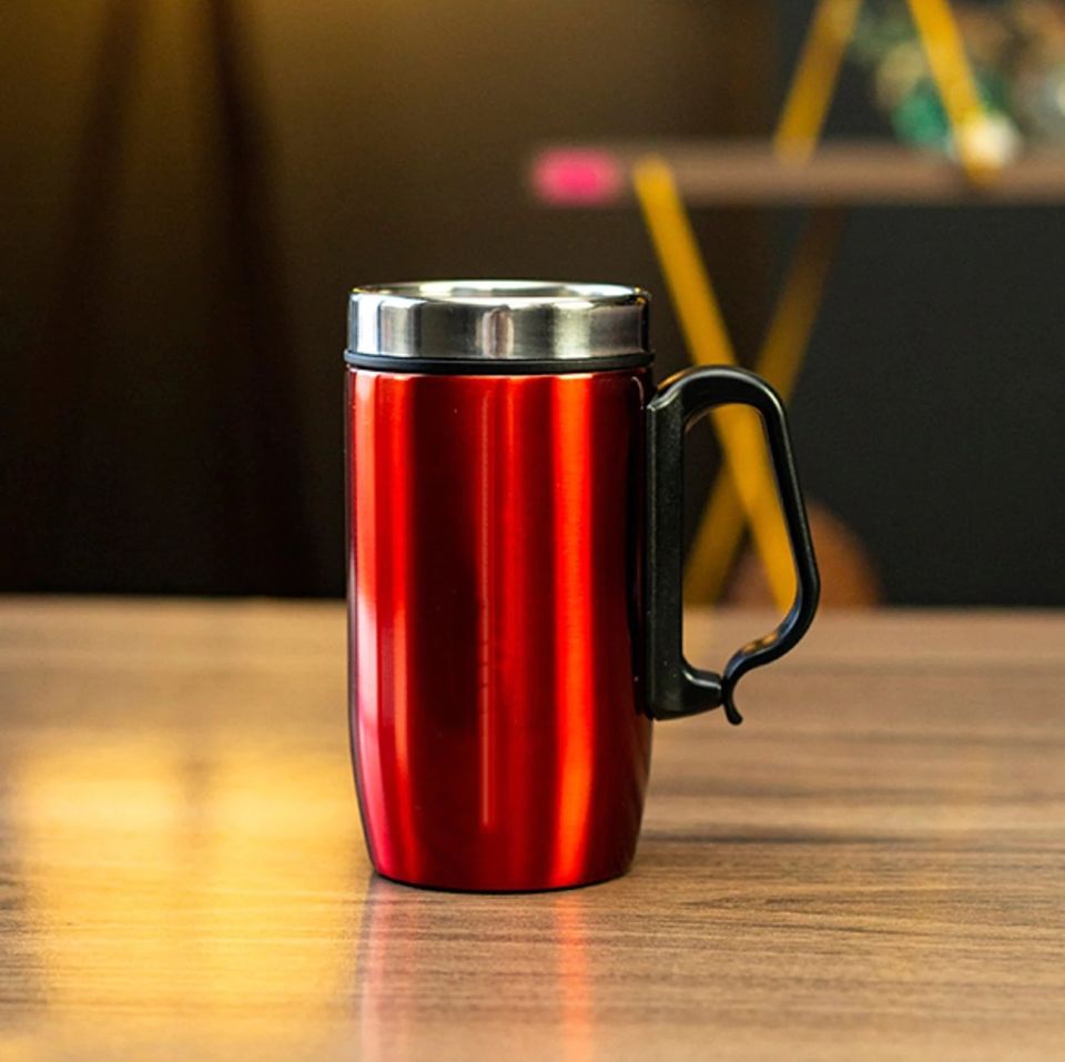 Çift Katmanlı Kauçuk Taban 250ml Kulplu Paslanmaz Çelik Küçük Termos Bardak Kupa Mug Çay Kahve Kırmızı