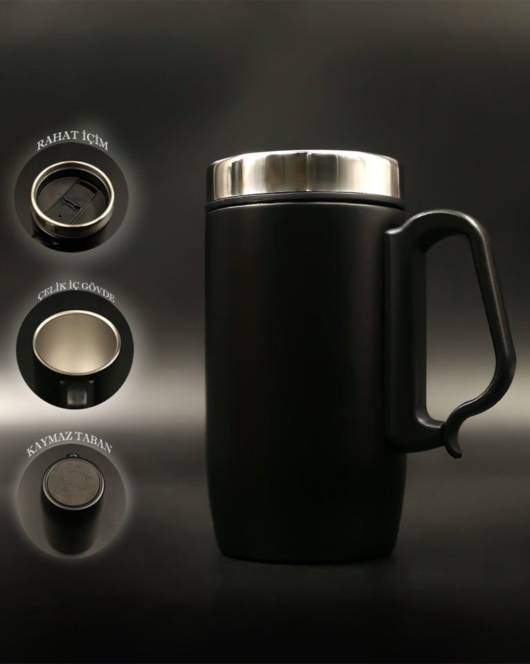 Çift Katmanlı Kauçuk Taban 250ml Kulplu Paslanmaz Çelik Küçük Termos Bardak Kupa Mug Çay Kahve Mat Siyah