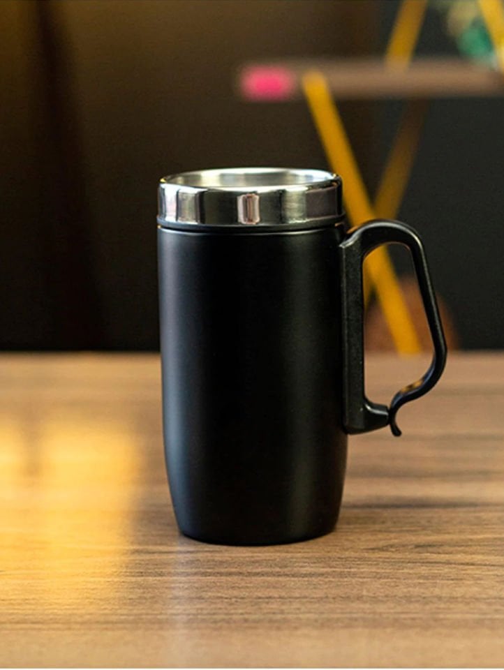 Çift Katmanlı Kauçuk Taban 250ml Kulplu Paslanmaz Çelik Küçük Termos Bardak Kupa Mug Çay Kahve Mat Siyah