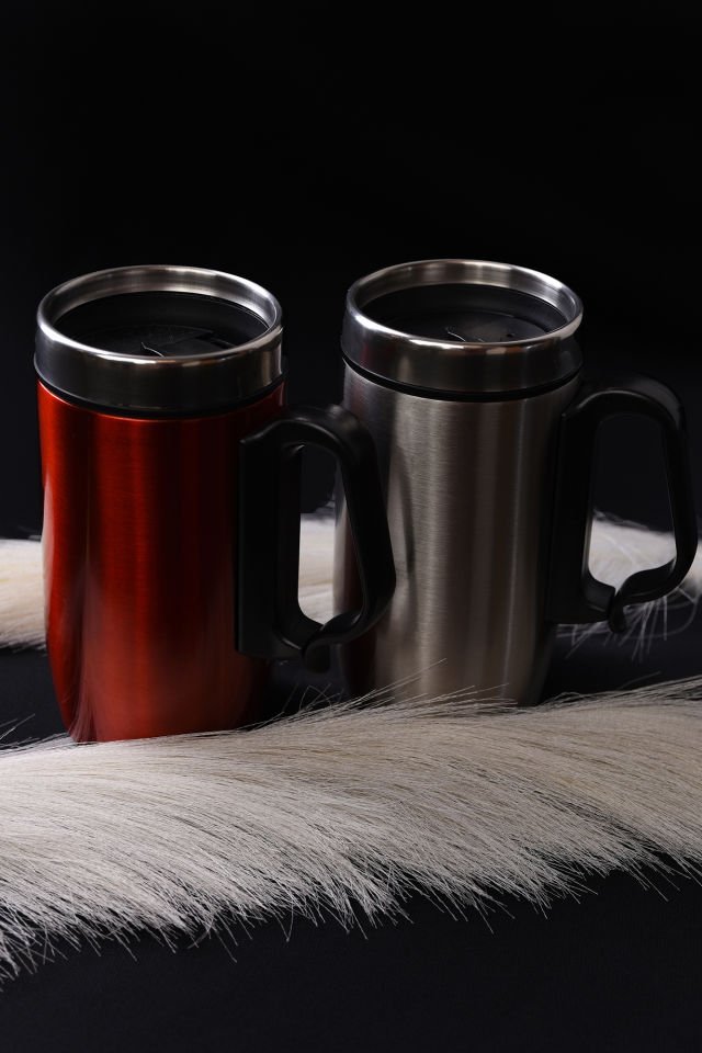 Çift Katmanlı Kauçuk Taban 250ml Kulplu Paslanmaz Çelik Küçük Termos Bardak Kupa Mug Çay Kahve Gümüş Gri