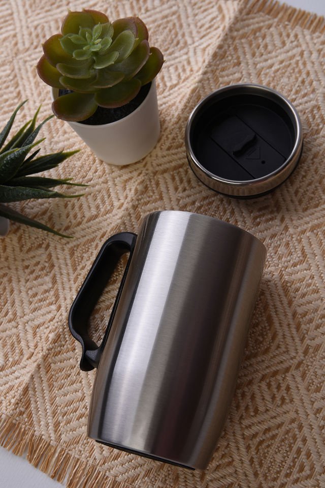 Çift Katmanlı Kauçuk Taban 250ml Kulplu Paslanmaz Çelik Küçük Termos Bardak Kupa Mug Çay Kahve Gümüş Gri